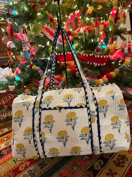 Quilted Block Print Duffel- Yellow and Blue Flowers
