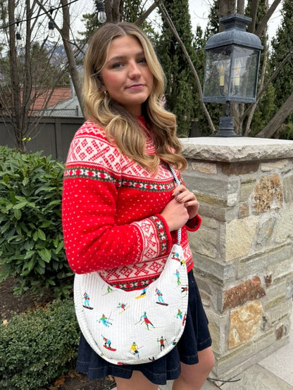 Quilted Crossbody Bag with Ski Print and Blue Stripe Accent