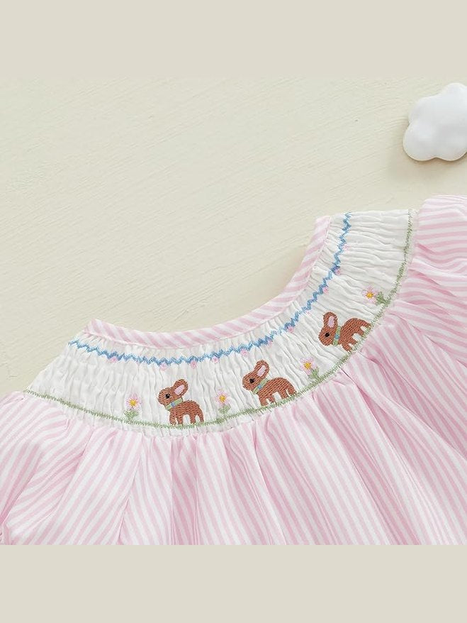 Baby Girl Easter Outfit Bunny Embroidery Smocked Bubble Romper