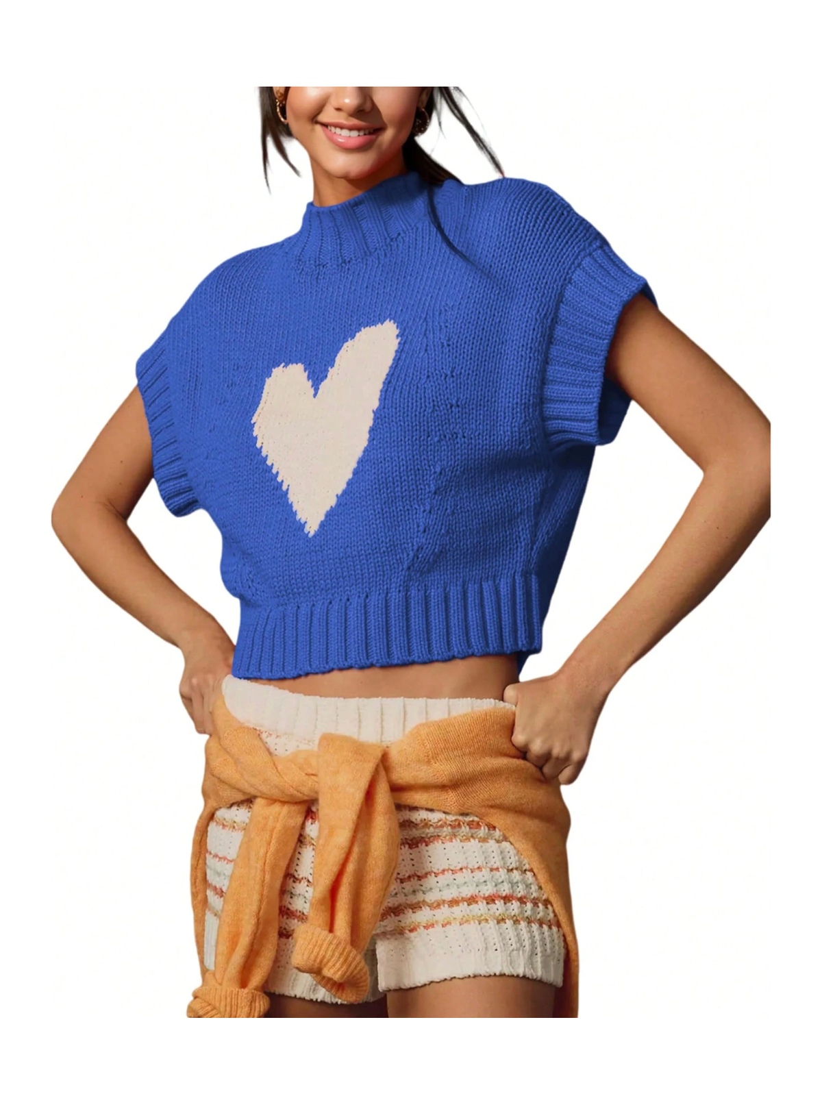 Women's Short Sleeve Sweater Blue Heart Mock Neck