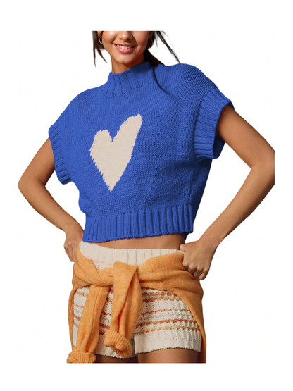 Women's Short Sleeve Sweater Blue Heart Mock Neck