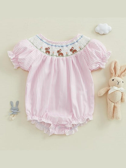 Baby Girl Easter Outfit Bunny Embroidery Smocked Bubble Romper