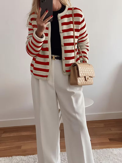 Striped Round-Neck Long-Sleeve Cardigan with Gold Buttons