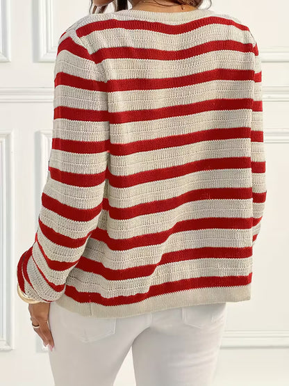 Striped Round-Neck Long-Sleeve Cardigan with Gold Buttons