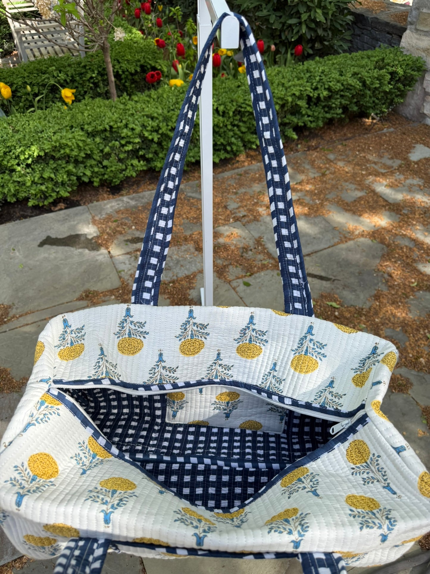 Quilted Block Print Duffel- Yellow and Blue Flowers
