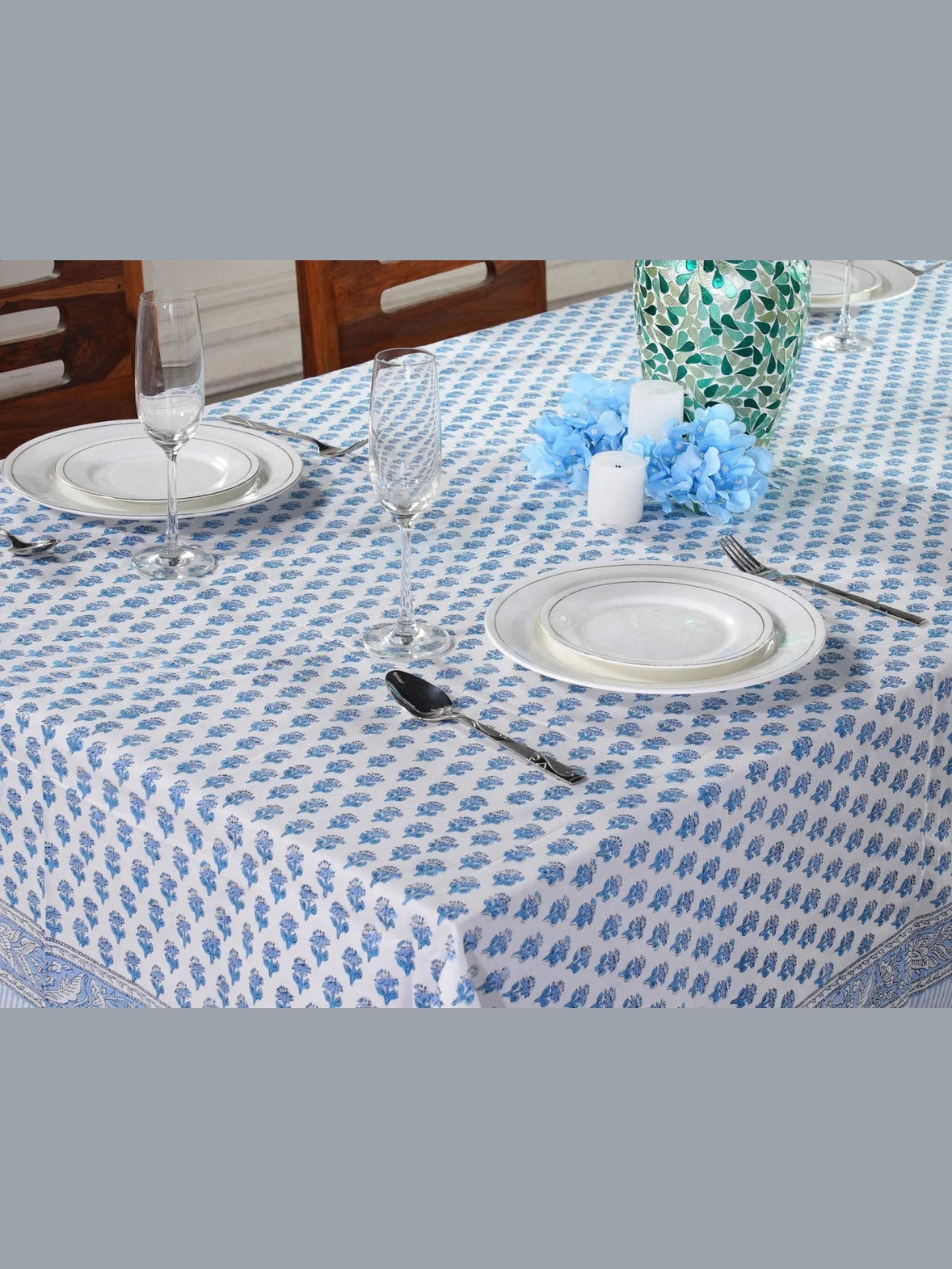 Apatite Blue Hand-Block Printed Cotton Tablecloth