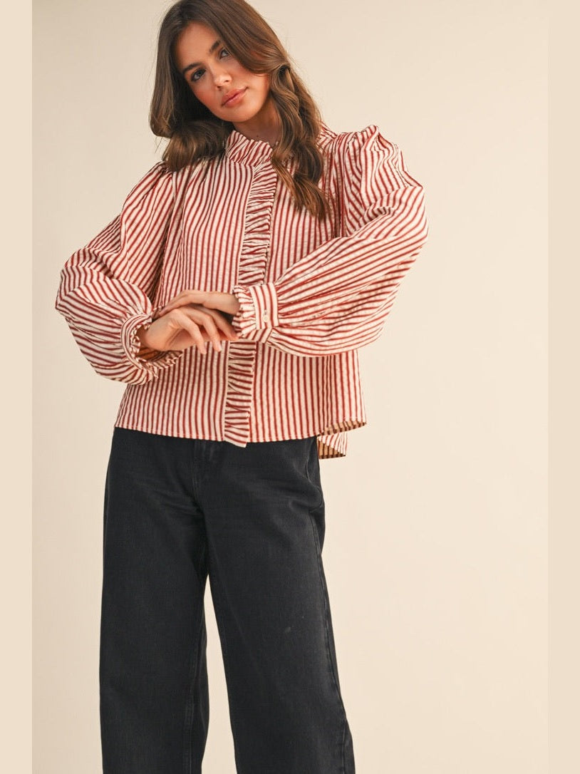 Striped, Ruffled Button Down Long Sleeve Top