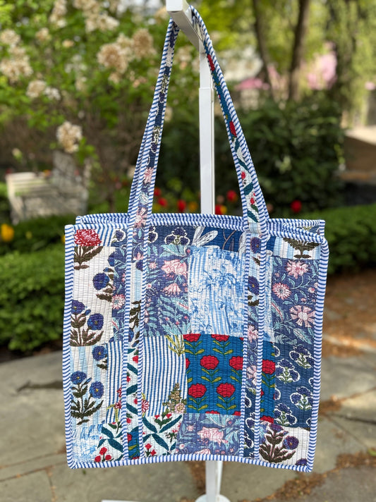 Large Quilted Block Print Tote - Blue Quilted