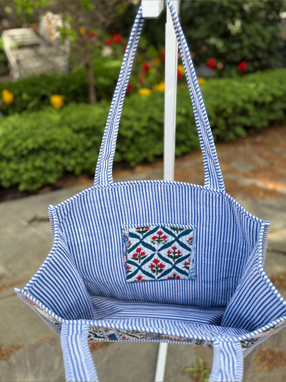 Large Quilted Block Print Tote - Blue Quilted