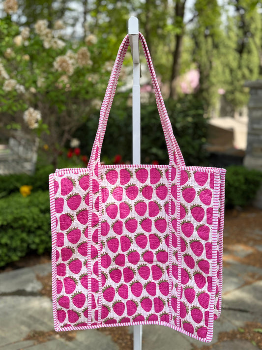 Large Quilted Block Print Tote - Strawberry