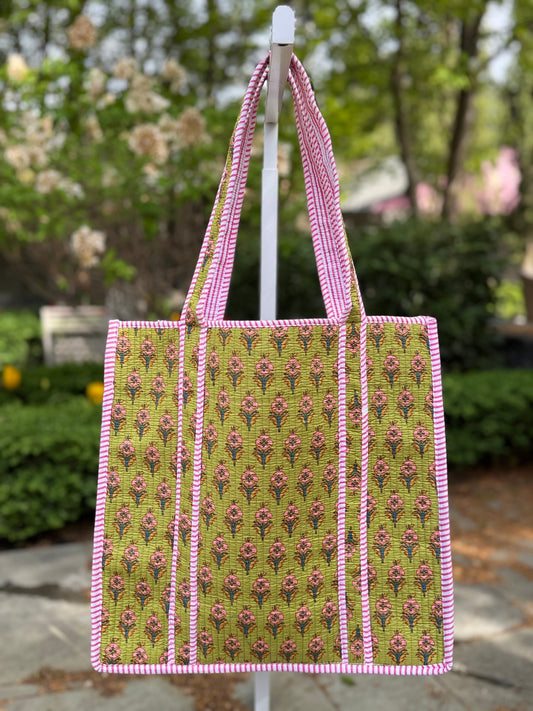 Large Quilted Block Print Tote - Green w/ pink flowers
