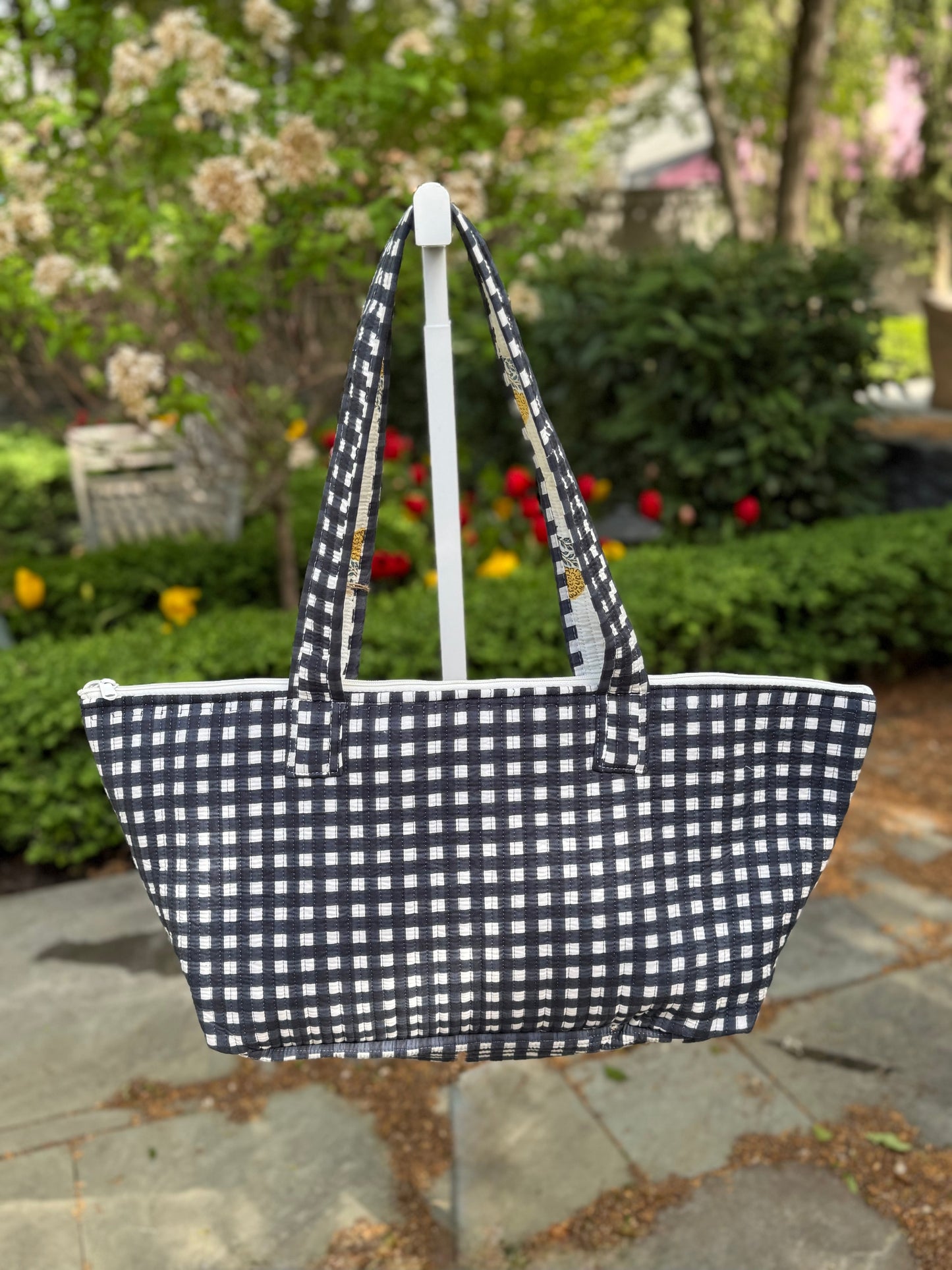 Quilted Block Print Storage Bag- Blue and White Check