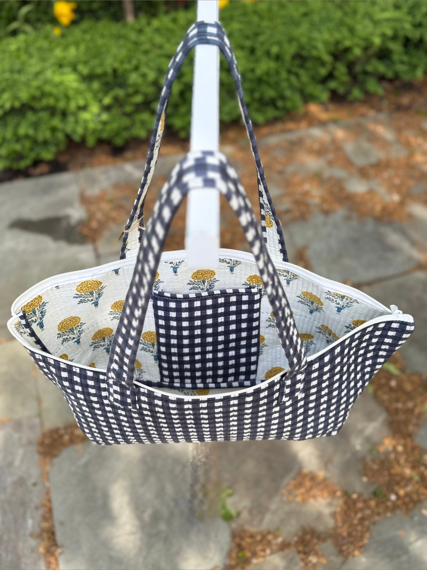 Quilted Block Print Storage Bag- Blue and White Check