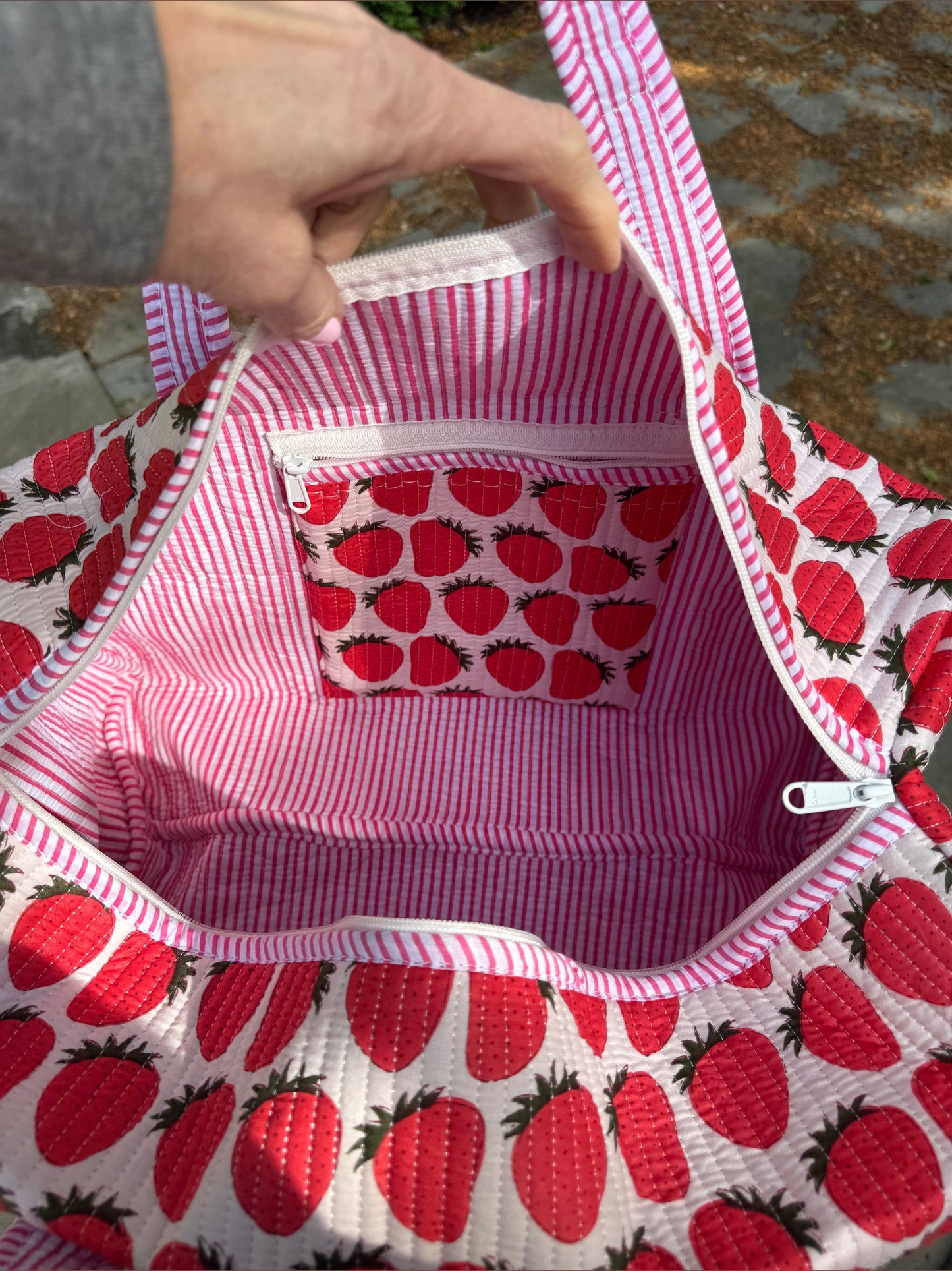 Quilted Block Print Duffel - Strawberry