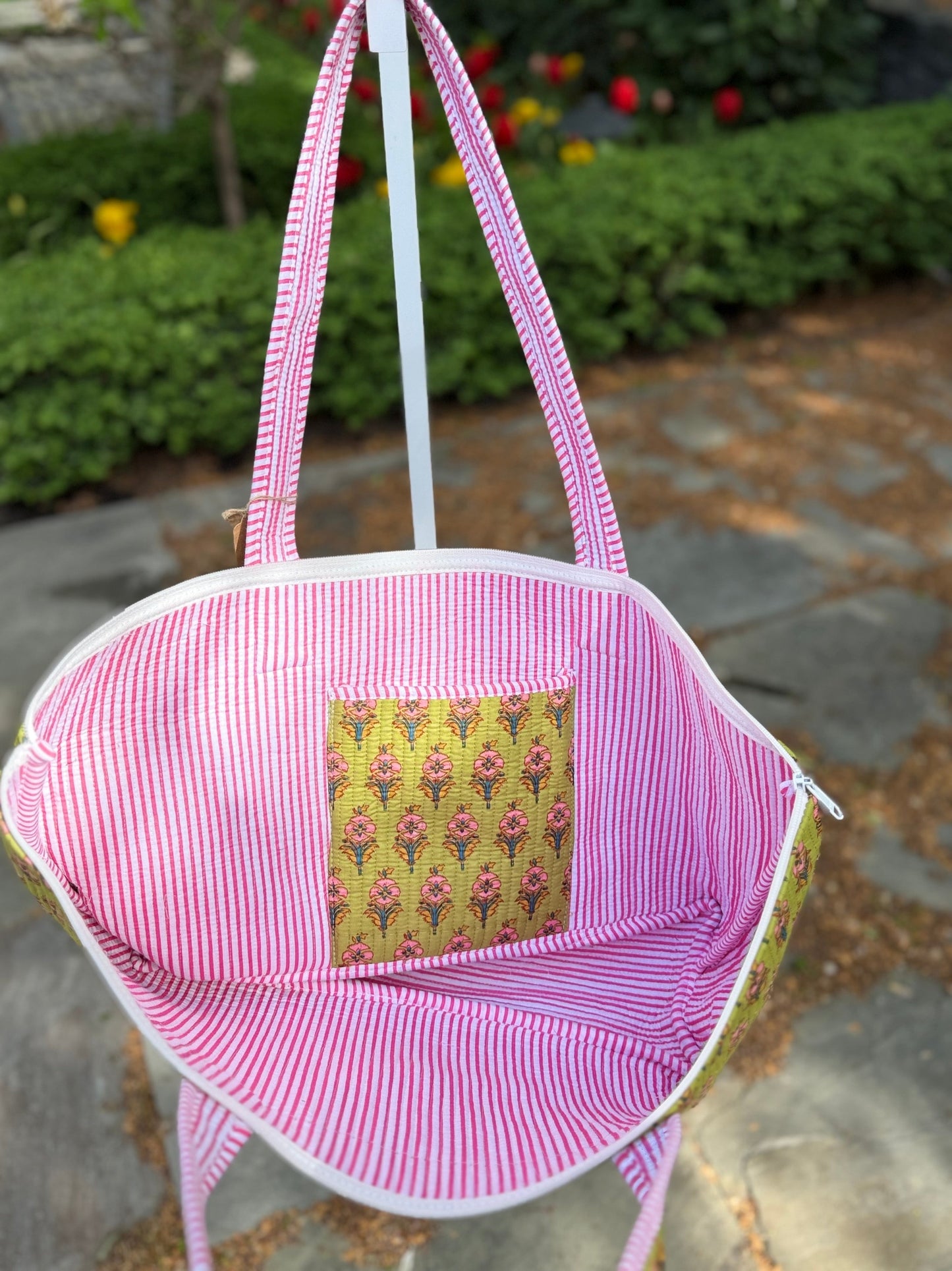 Quilted Block Print Storage Bag- Green and Pink