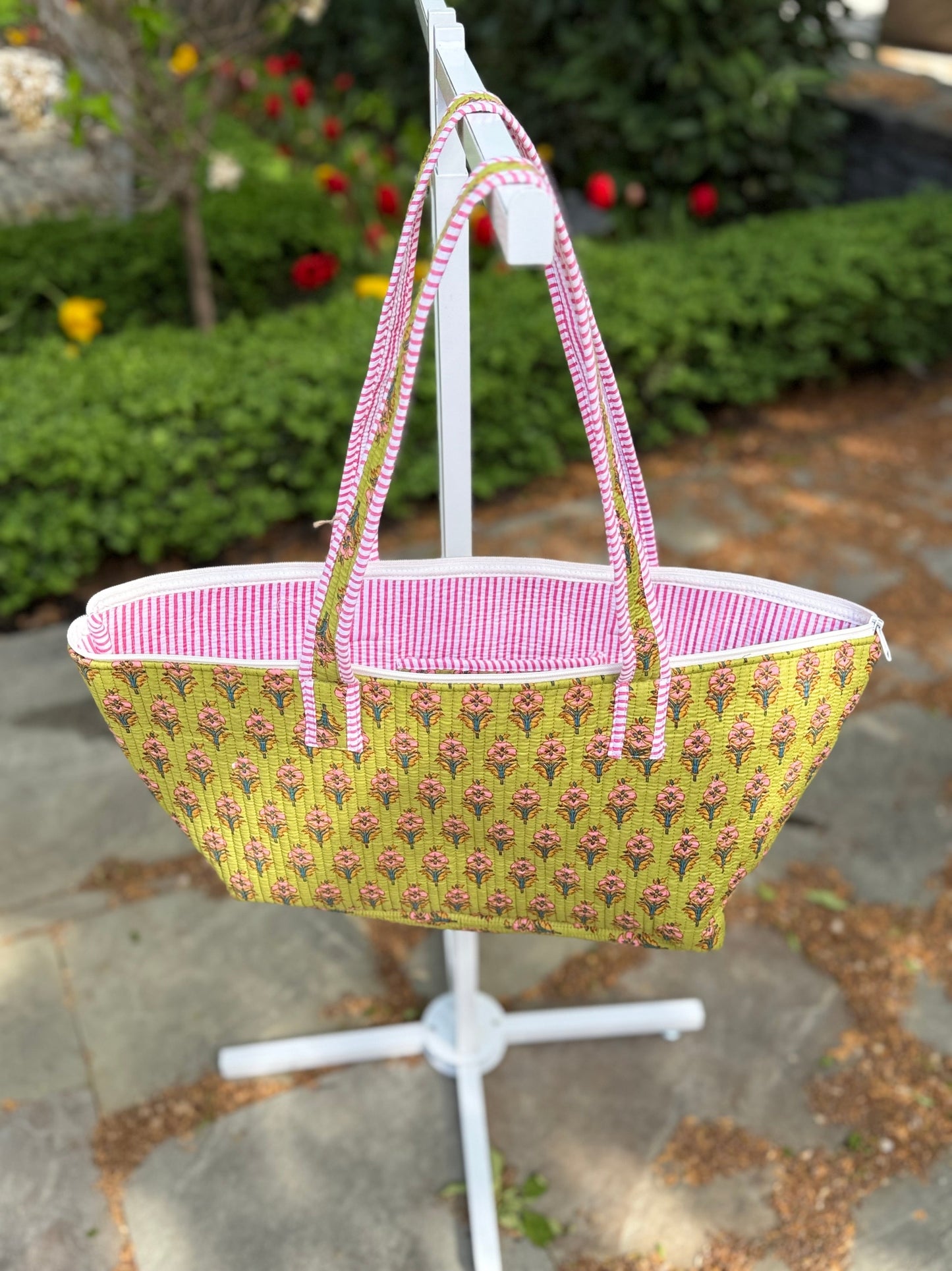 Quilted Block Print Storage Bag- Green and Pink
