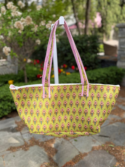 Quilted Block Print Storage Bag- Green and Pink