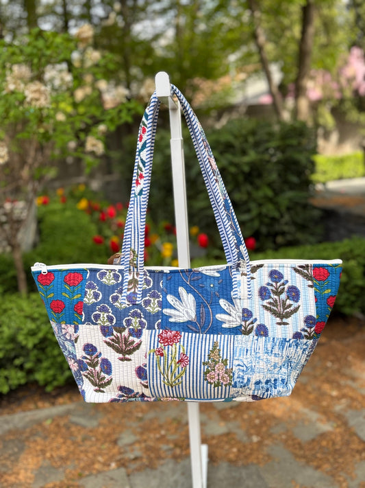 Quilted Block Print Storage Bag- Blue Patchwork
