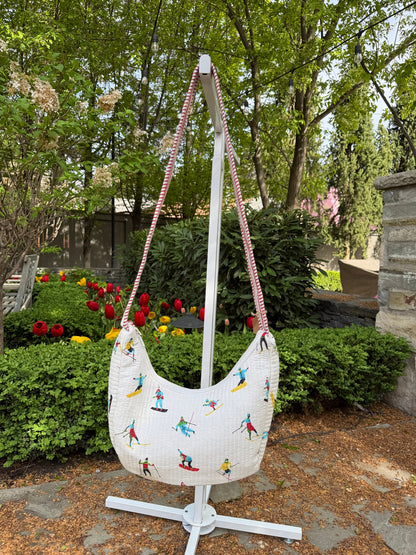 Quilted Crossbody Bag with Ski Print and Red Stripe Accent