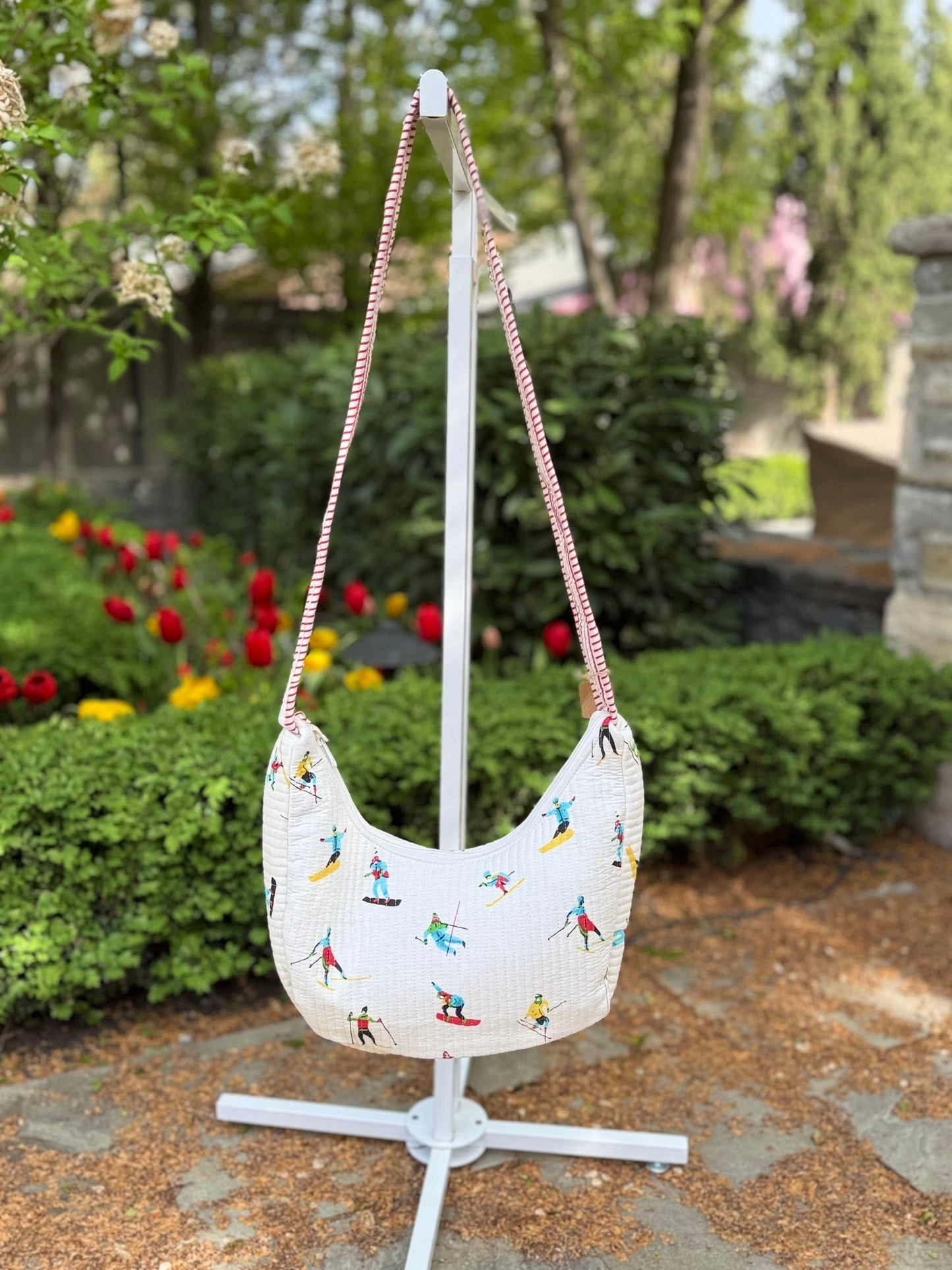 Quilted Crossbody Bag with Ski Print and Red Stripe Accent