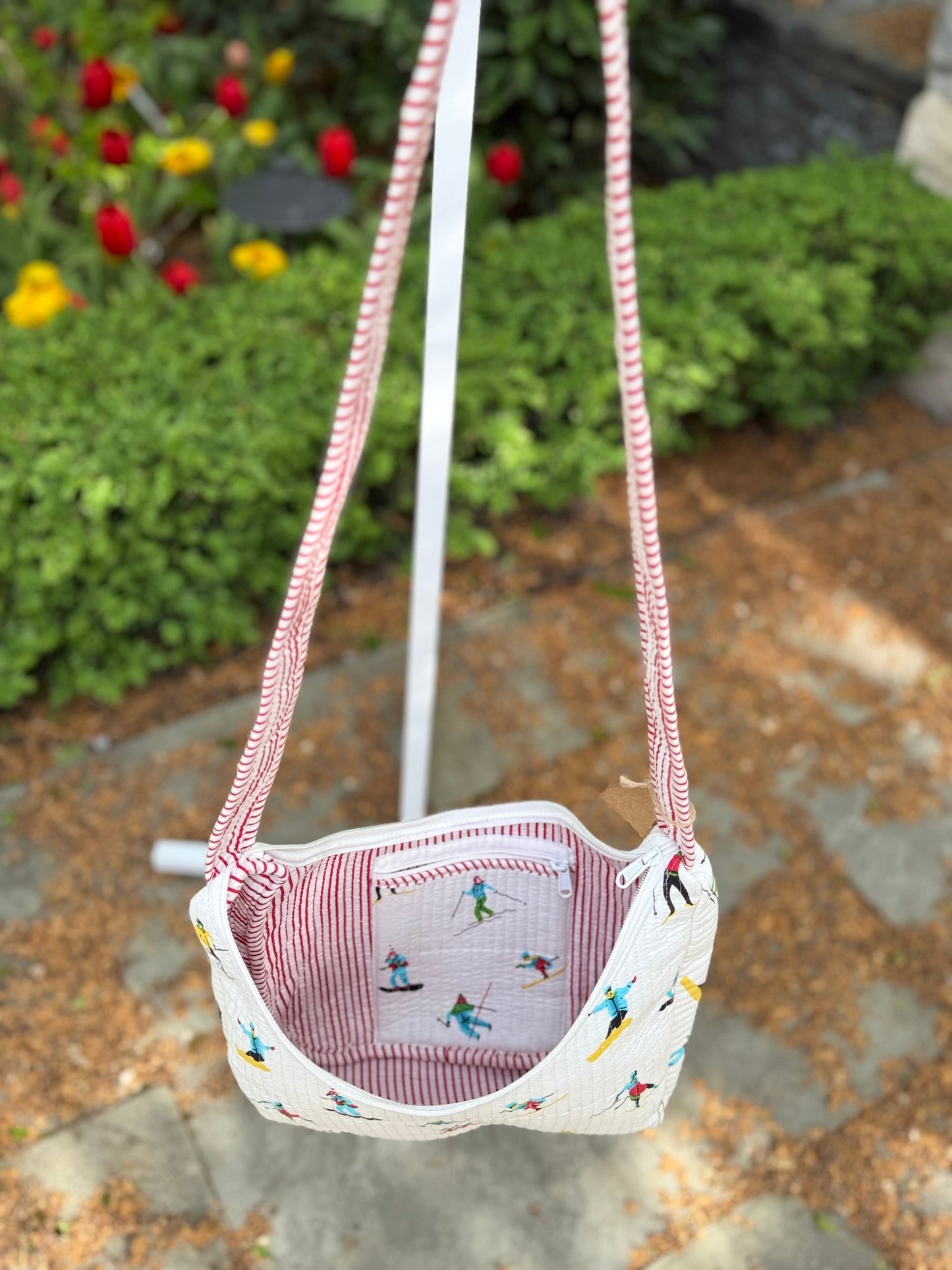 Quilted Crossbody Bag with Ski Print and Red Stripe Accent
