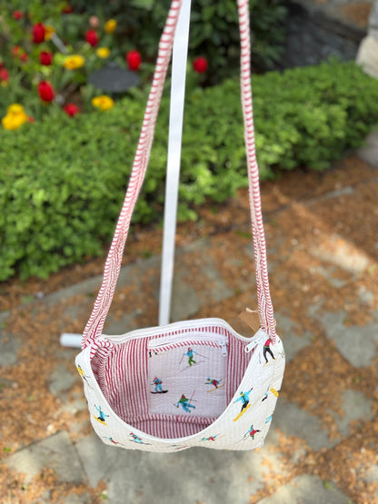 Quilted Crossbody Bag with Ski Print and Red Stripe Accent