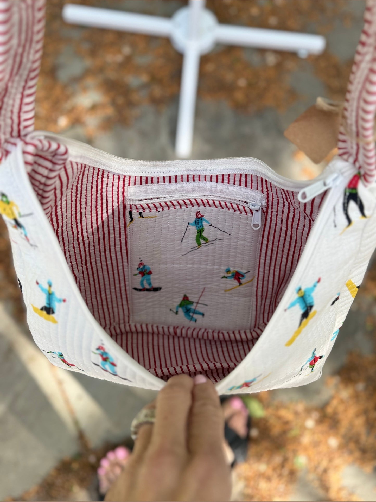 Quilted Crossbody Bag with Ski Print and Red Stripe Accent