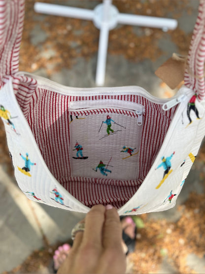 Quilted Crossbody Bag with Ski Print and Red Stripe Accent
