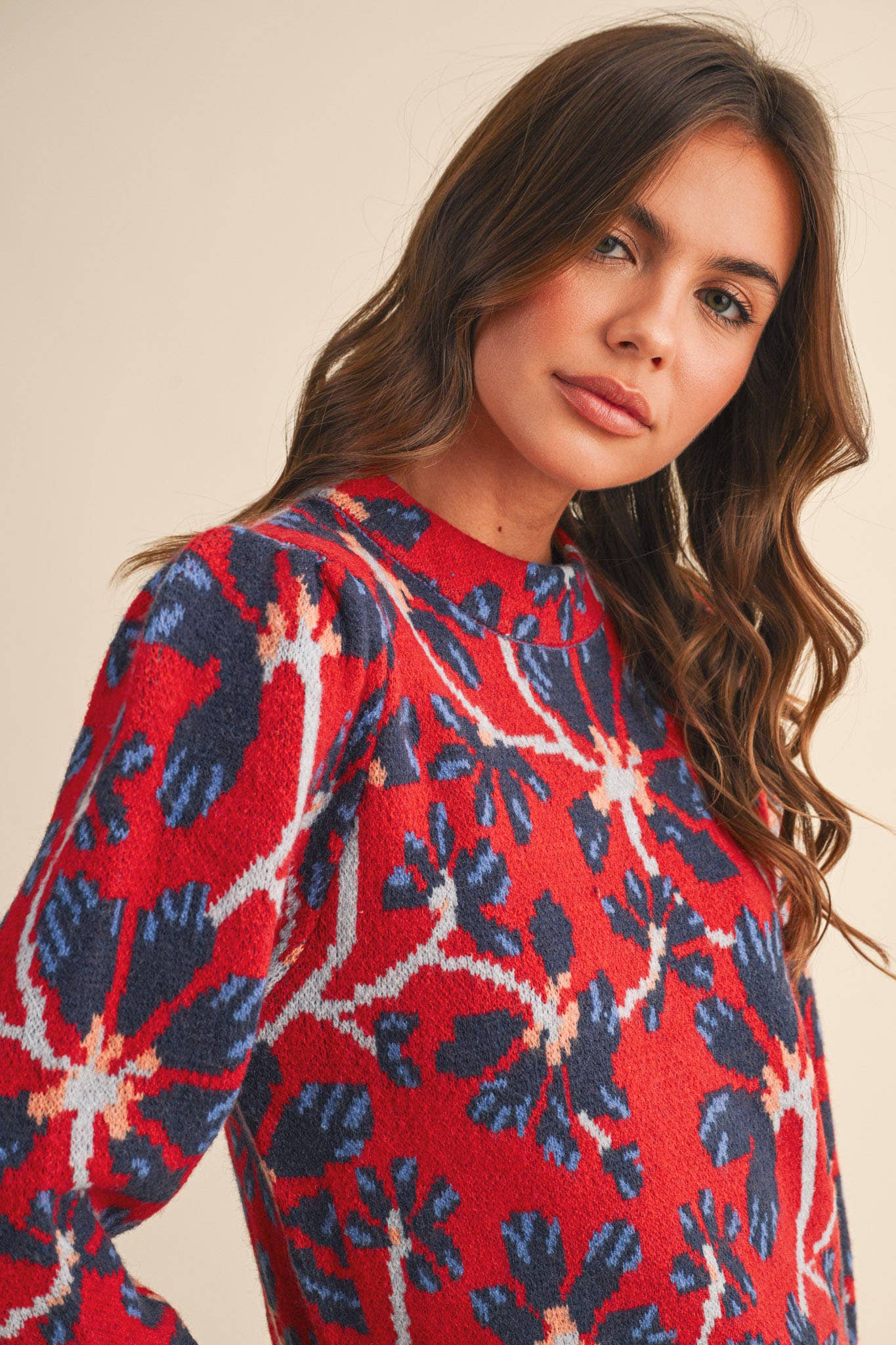 FLORAL MOCK NECK SWEATER: RED NAVY