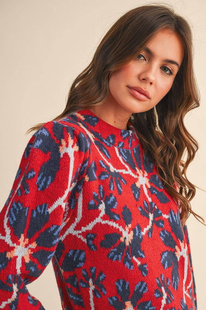 FLORAL MOCK NECK SWEATER: RED NAVY