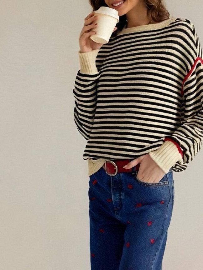 Striped Boat‑Neck Sweater with Red Accent Trim: Beige
