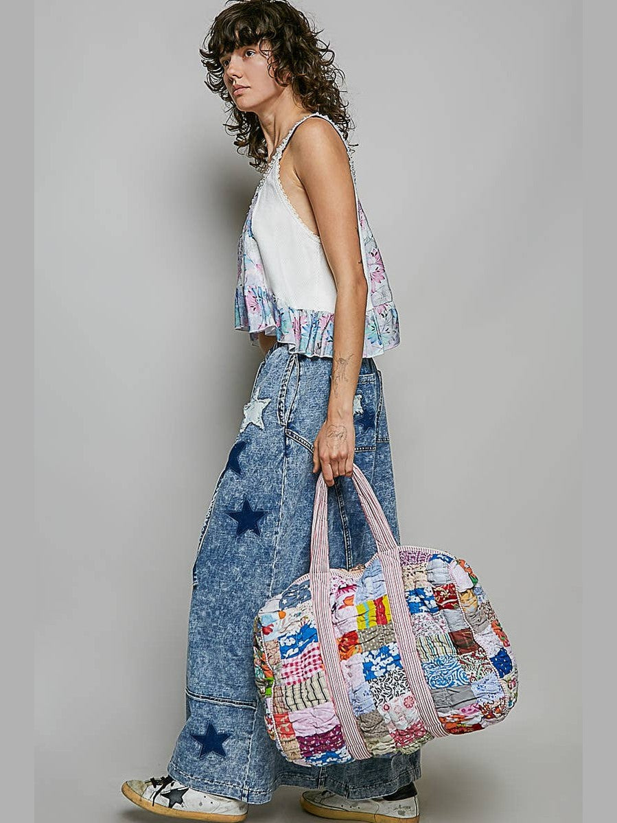 Quilted Multi-Print Mixed Floral Patchwork Duffle Bag: CREAM MULTI / OS