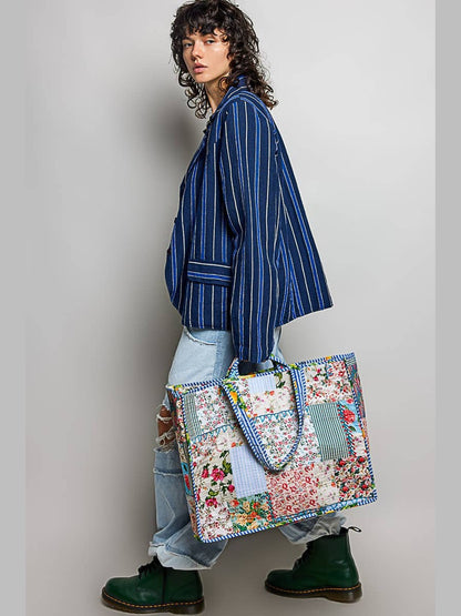 Blue-Bound Artisanal Illusion Patchwork Shopper Bag: IVORY/BLUE / Os