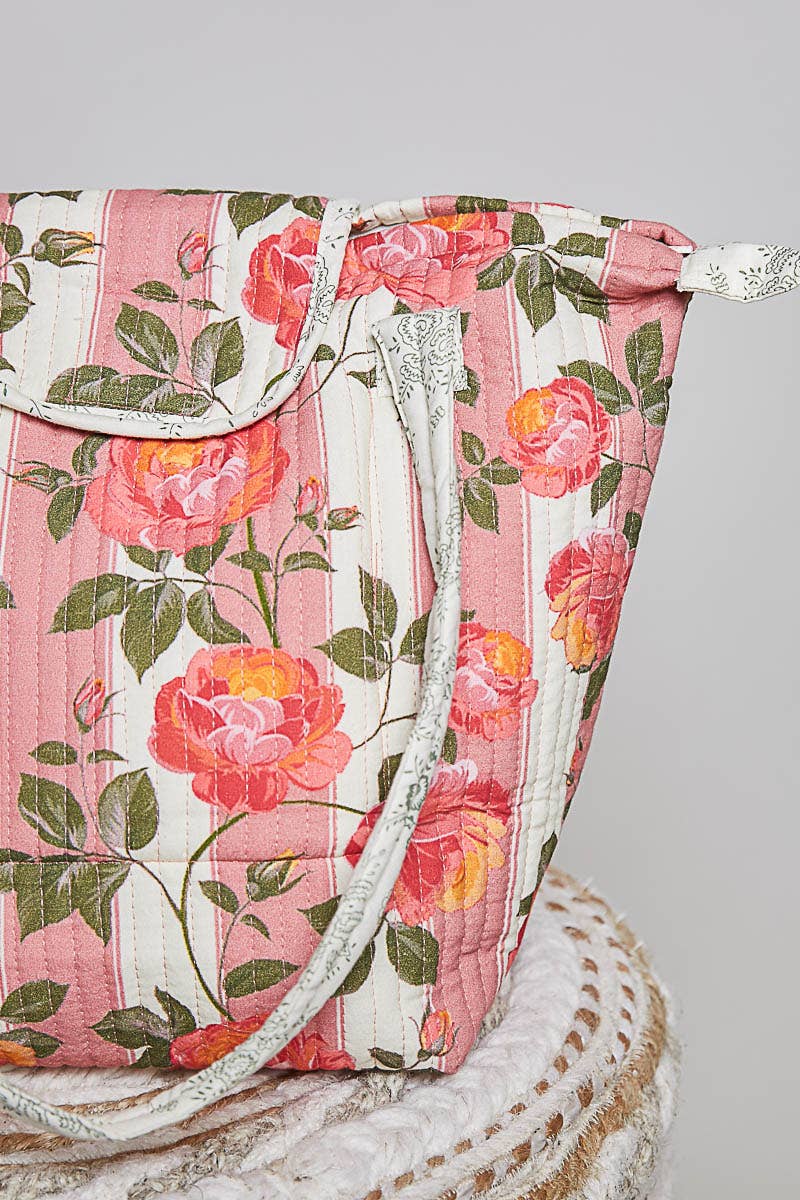 Quilted Floral Rose Print Vintage Crafted Tote Bag: PINK MULTI