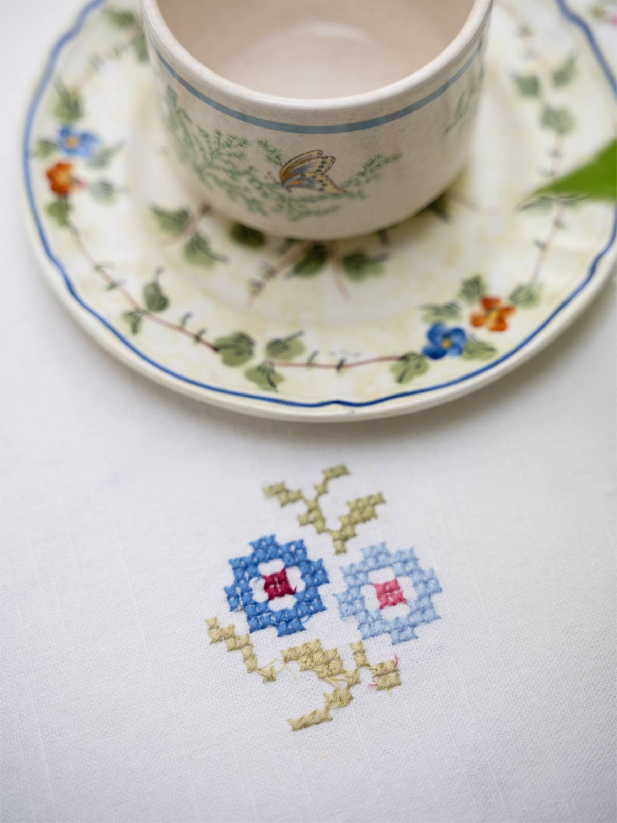 Folklore Cross Stitch Embroidered Tea Cloth - White