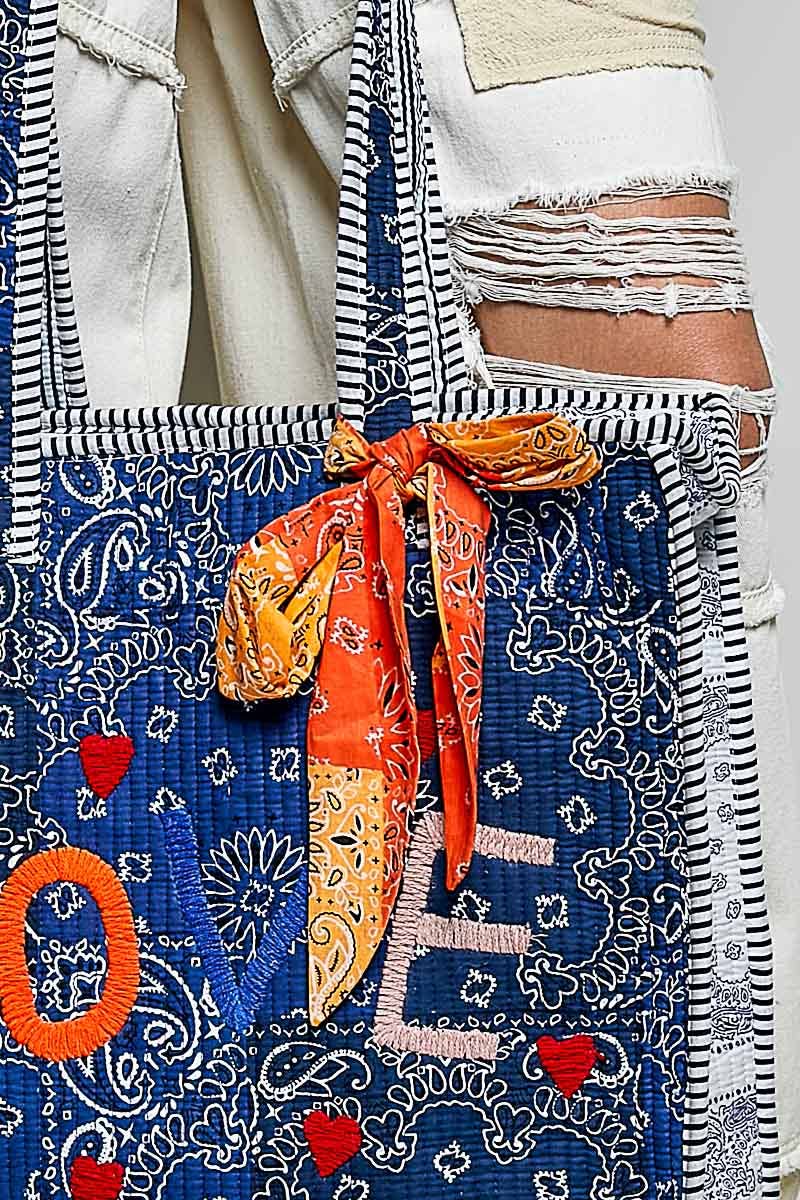 Quilted Indigo Paisley LOVE Tote Bag: INDIGO PAISLEY / OS