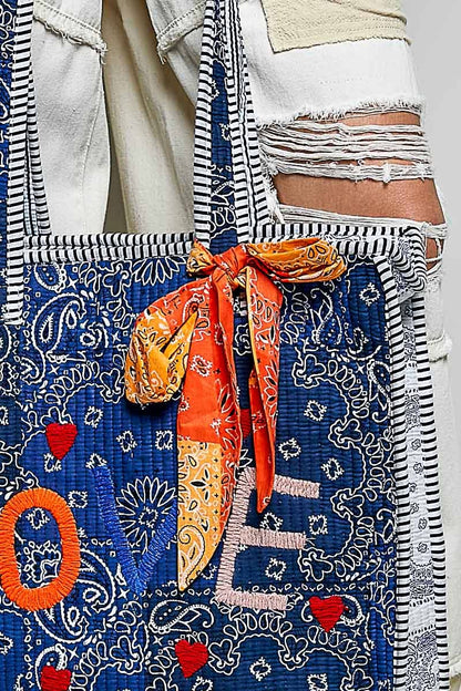Quilted Indigo Paisley LOVE Tote Bag: INDIGO PAISLEY / OS