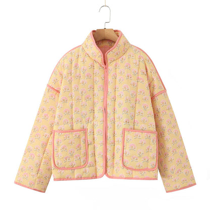 Floral Print Versatile Loose Quilted Jacket: Yellow