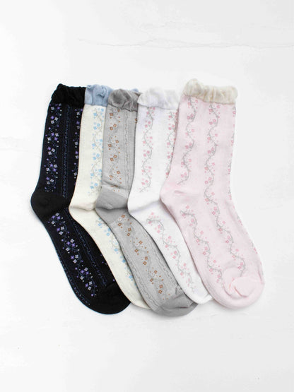 Vintage Floral Vine Crew Socks: Pink