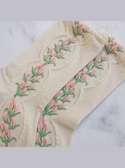 Women's Antique Tulip Flower Socks: Beige