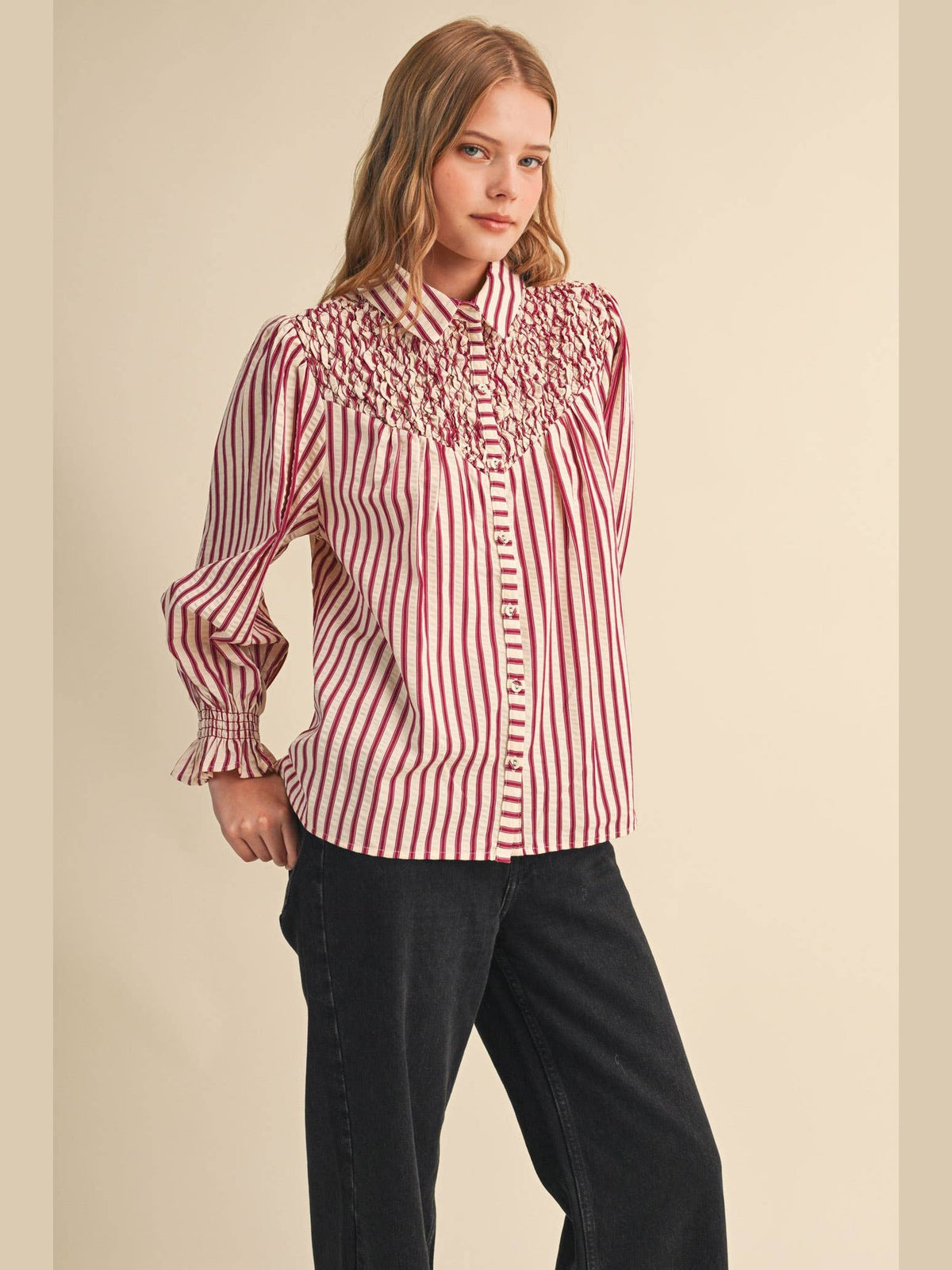 STRIPED BUTTON UP TOP WITH DIAMOND SMOCKED YOKE MTP5183: DENIM BLUE STRIPE / L