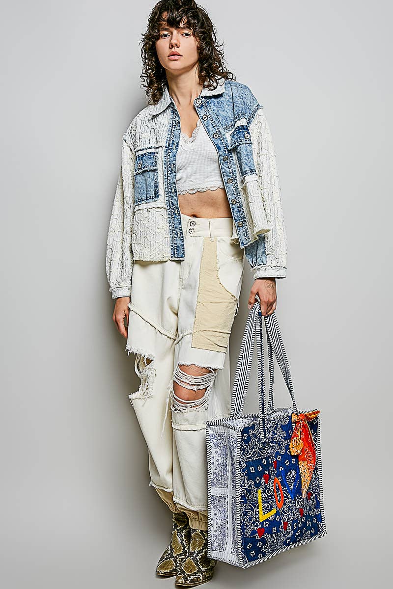 Quilted Indigo Paisley LOVE Tote Bag: INDIGO PAISLEY / OS