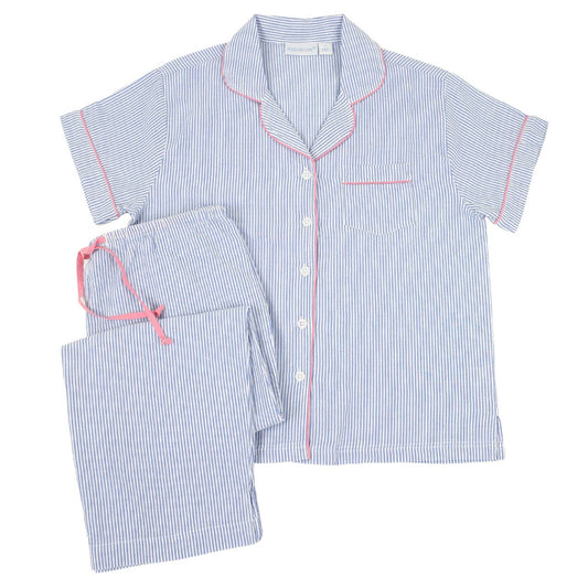 Blue Seersucker-Pink Short Sleeve Capri Pajamas