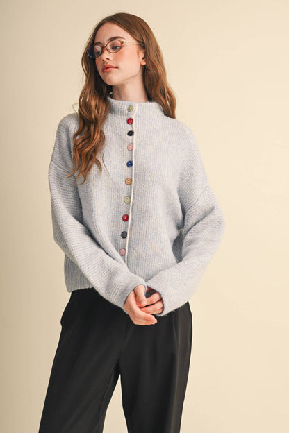 STRIPED SWEATER CARDIGAN WITH COLORFUL BUTTONS: POWDER BLUE
