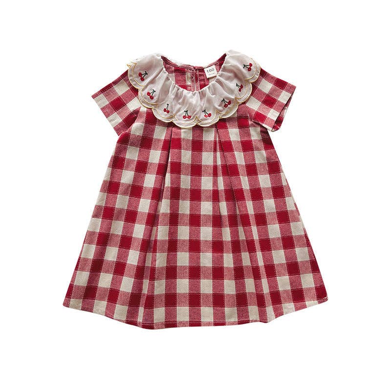 Summer Arrival Baby Girls Short Sleeves Cherry and Plaid Pattern Dress: Red / 100 (2-3Y)