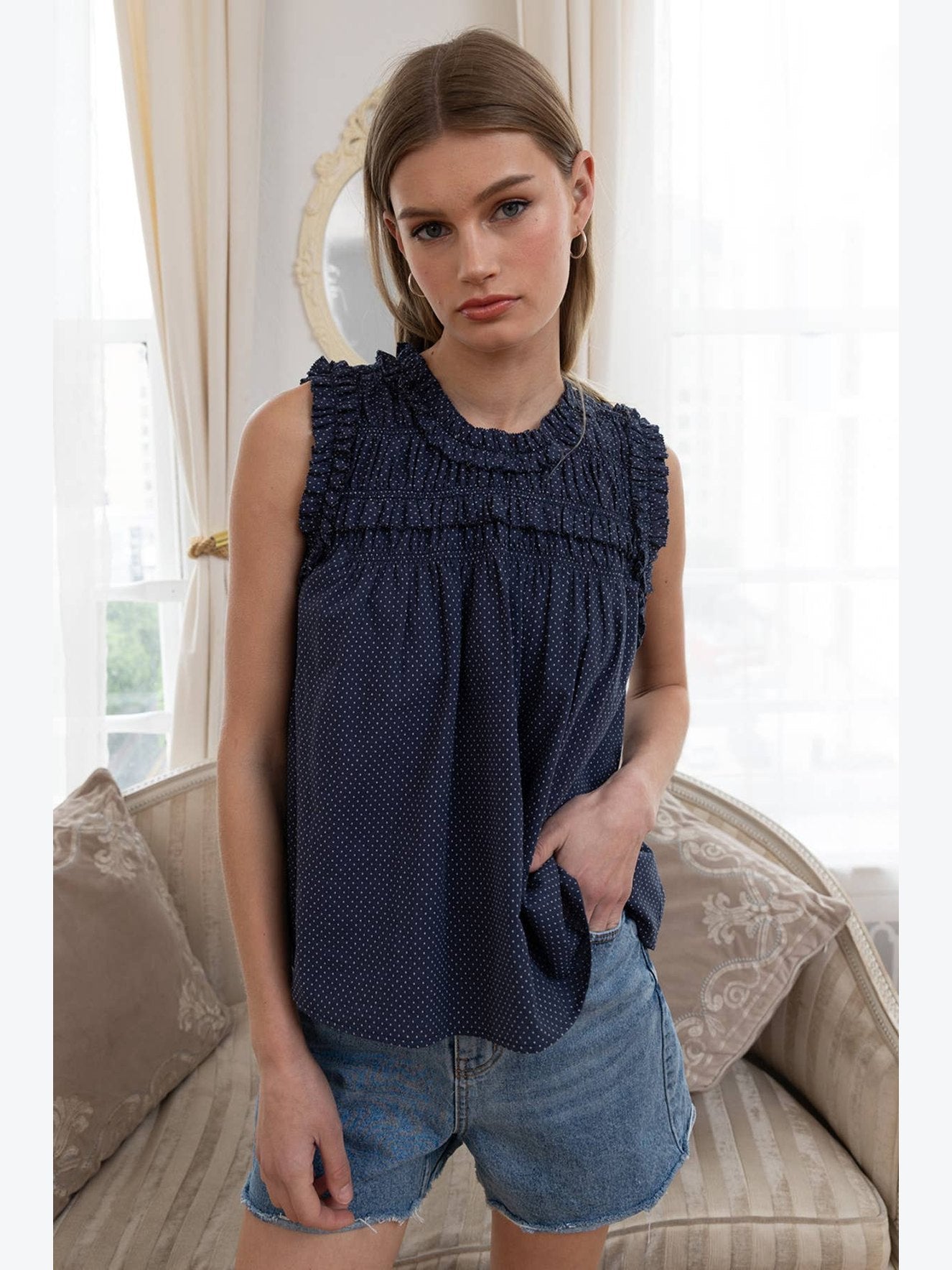 Navy Dotted Ruffle Sleeveless Blouse: NAVY