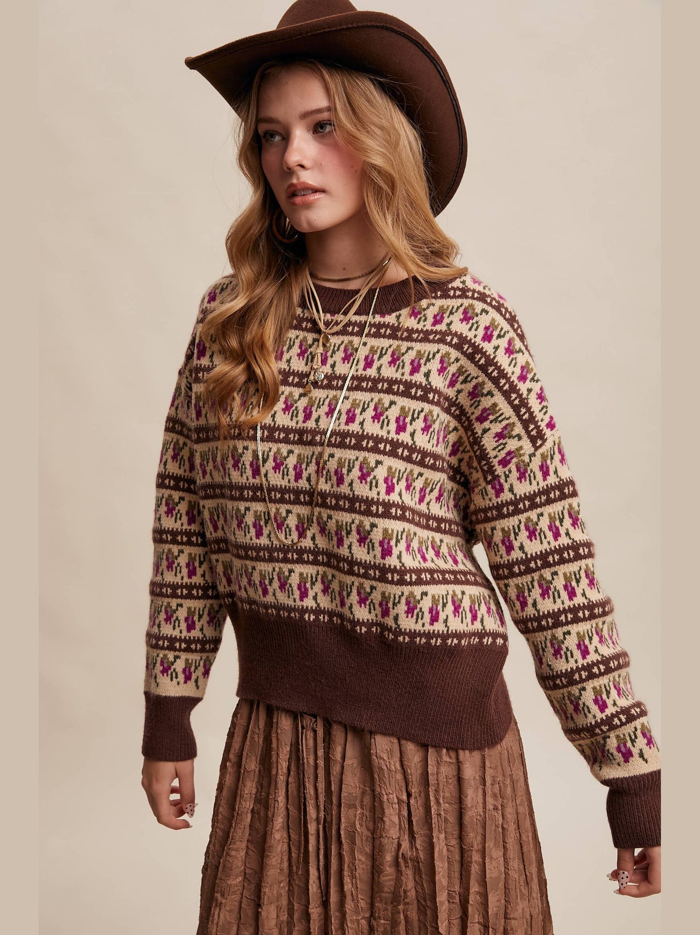 Floral Knit Sweater: Mocha