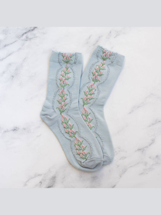 Women's Antique Tulip Flower Socks: Blue