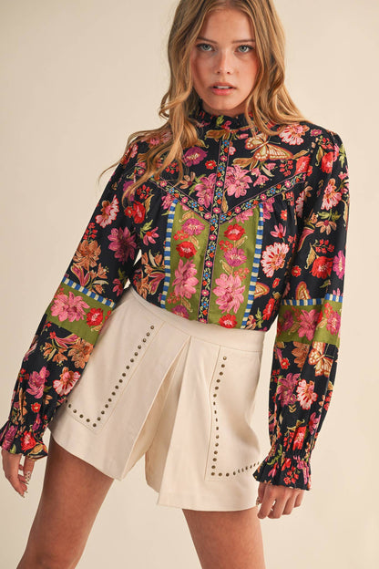 Exclusive Floral Border Print Top With Floral Trim