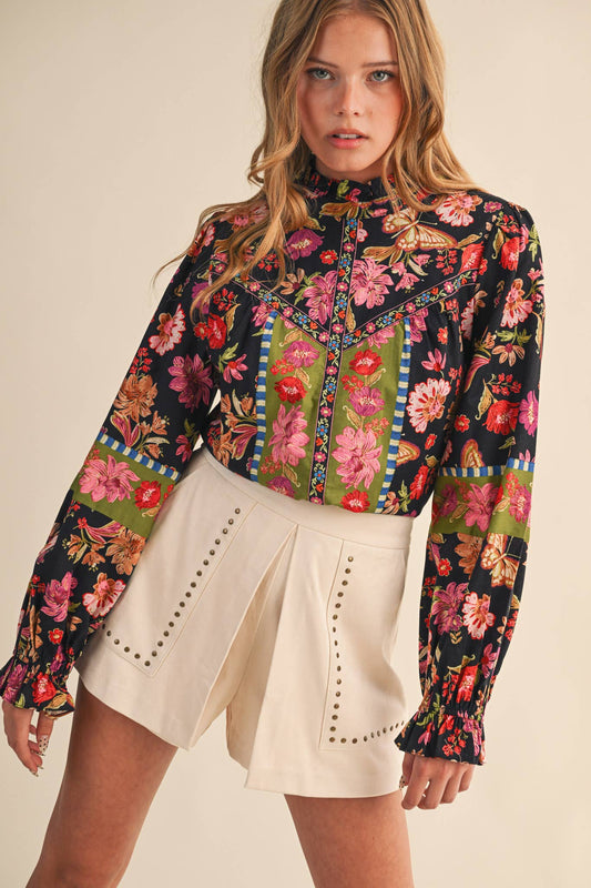 Exclusive Floral Border Print Top With Floral Trim